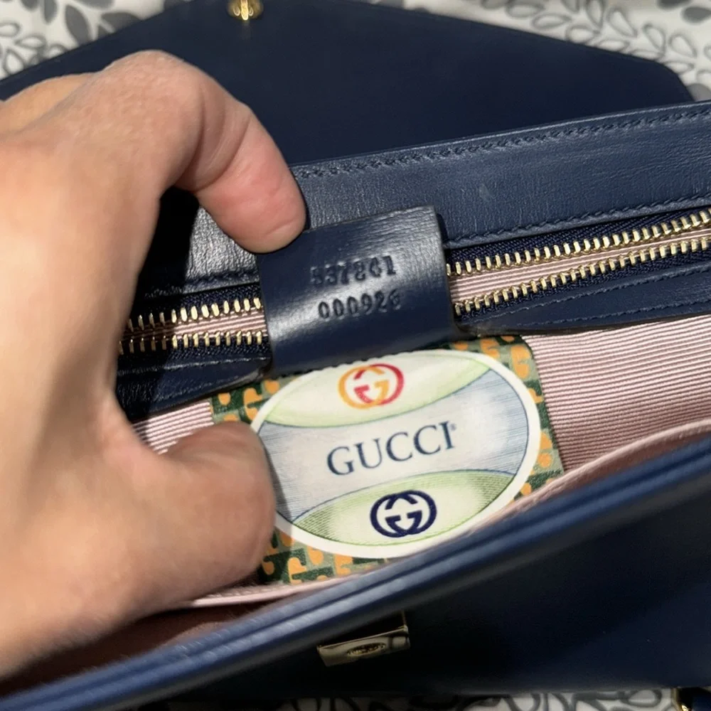 ✨Gucci Rajah Chain Shoulder Bag Leather Medium Blue Handbag Bag - Picture 15 of 16